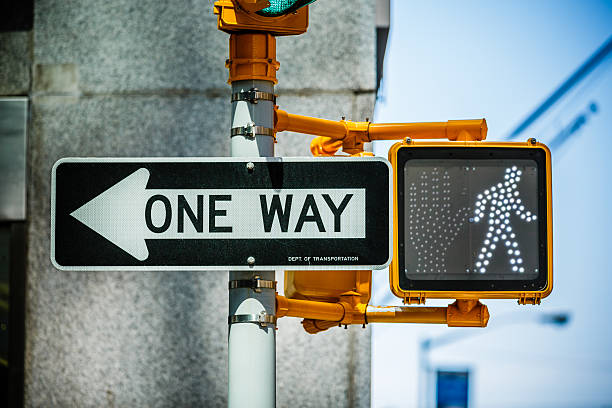One way sign with green pedestrian traffic light stock photo