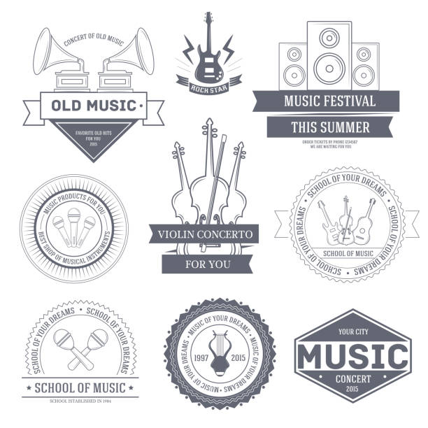 musik-label vorlage von emblem set elemente für ihr produkt - geige grafiken stock-grafiken, -clipart, -cartoons und -symbole