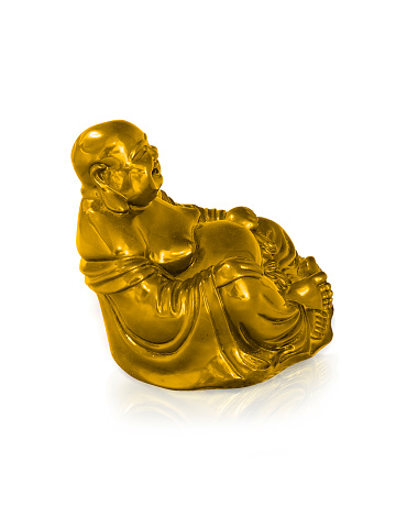 Golden Laughing Buddha statue isolated on white + clipping path