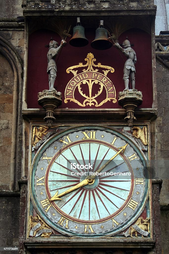 Nequid Pereat Medieval clock on the facade of the Wells Cathedral. Apostle - Worshipper Stock Photo