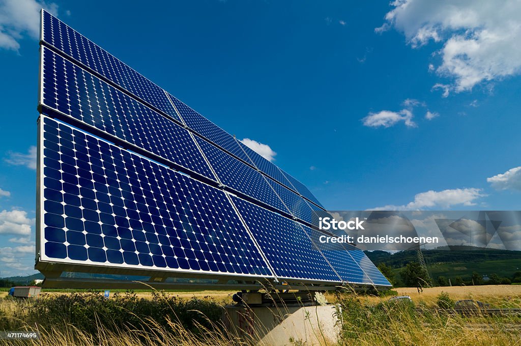 solarenergy solar panel with landscape Blue Stock Photo