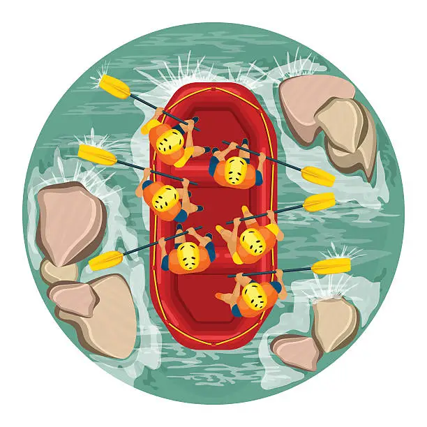 Vector illustration of rafting on the river, top view