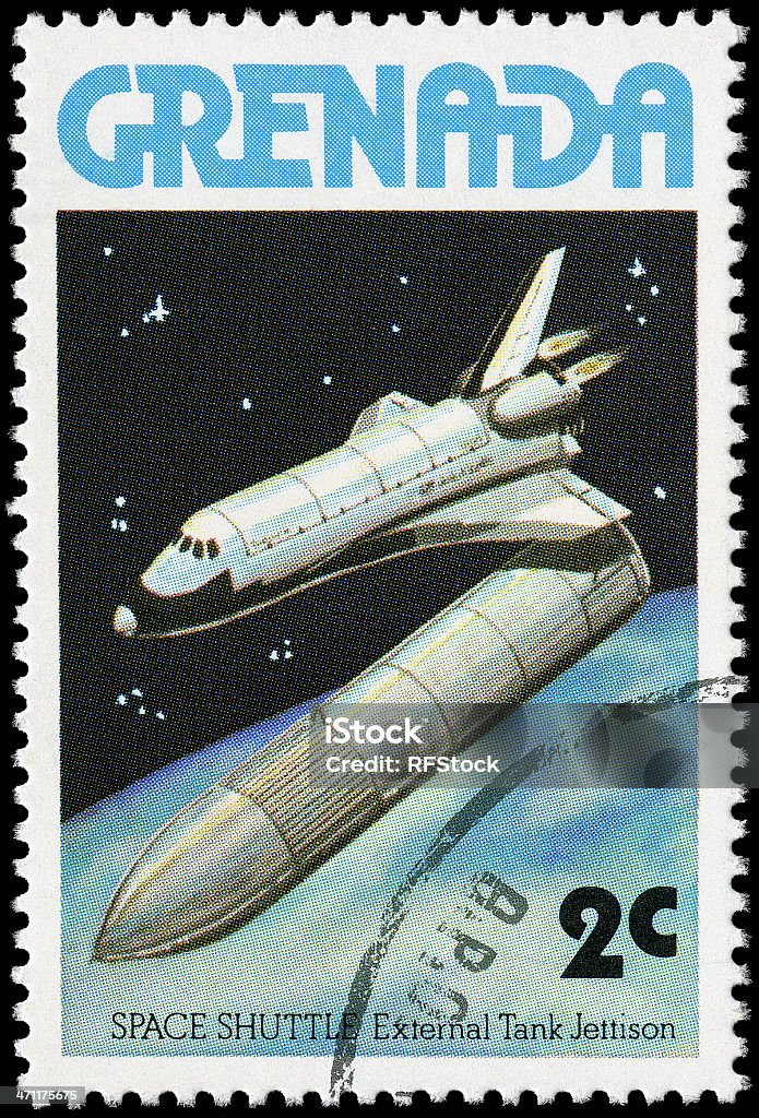 Space Shuttle External Tank Jettison Stamp One of a series of 6 space shuttle stamps (launch, booster jettison, external tank jettison, orbit, satellite placement and finally landing approach) Postage Stamp Stock Photo