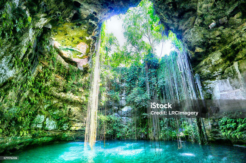 Ik Kil, Yucatan, Mexico Cenote Ik Kil in the Yucatan of Mexico is a huge limestone hole that has collapsed and sunk, creating a large body of water, now used as a swimming hole. Cenote Stock Photo