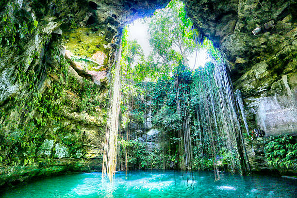 Ik Kil, Yucatan, Mexico Cenote Ik Kil in the Yucatan of Mexico is a huge limestone hole that has collapsed and sunk, creating a large body of water, now used as a swimming hole. yucatan stock pictures, royalty-free photos & images