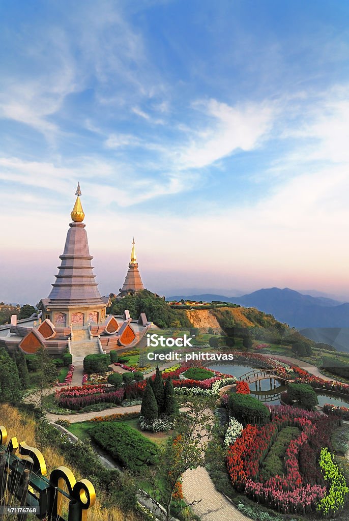 Scenery view point of Inthanon national park Chiangmai Thailand Art decorated in temple pavilion. Created with money donated by people to hire artist.They are public domain or treasure of Buddhism,no restrict in copy or use,no name of artist appear Thailand Stock Photo