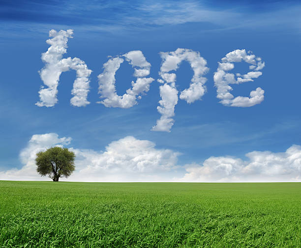 Hope And Field Lonely tree and green field landscape with clouds in the shape of "hope". words in the sky stock pictures, royalty-free photos & images
