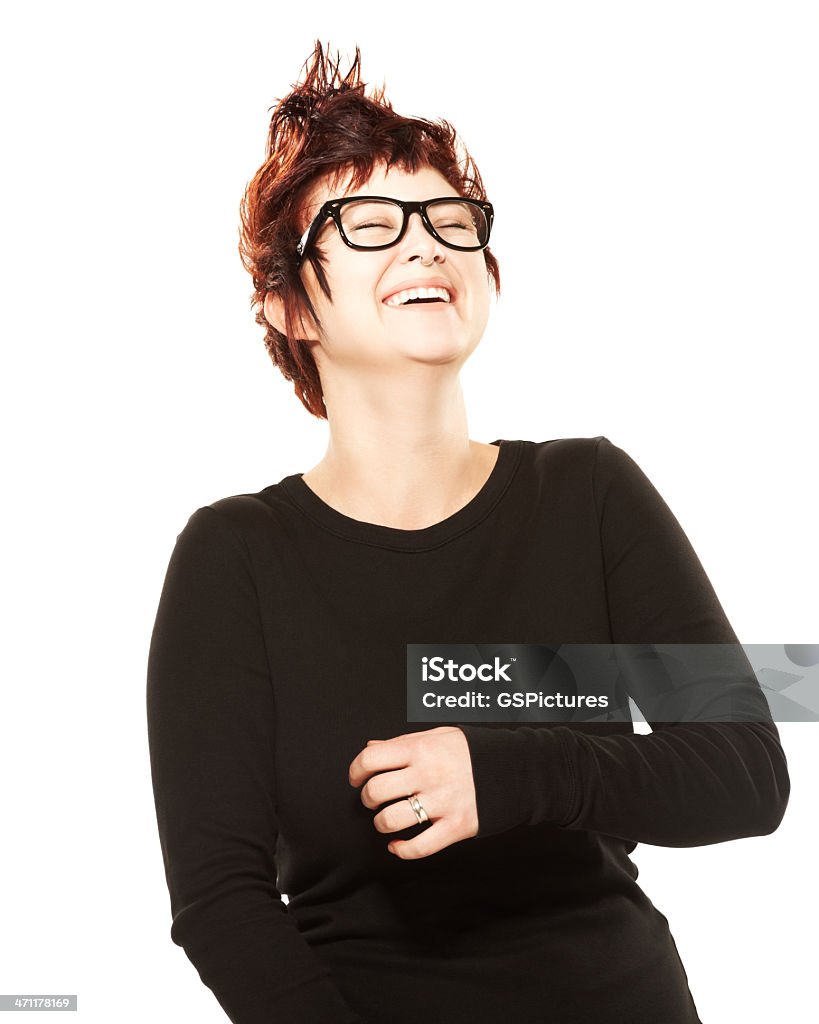 Hermosa mujer con pelo Riendo contra blanco enriquecida - Foto de stock de De ascendencia europea libre de derechos