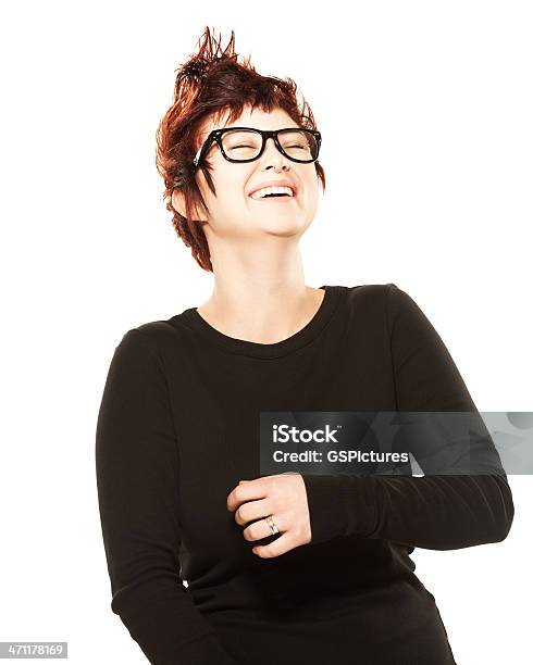 Hermosa Mujer Con Pelo Riendo Contra Blanco Enriquecida Foto de stock y más banco de imágenes de De ascendencia europea