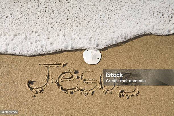 Jesus Written In The Sand Stock Photo - Download Image Now - Beach, Christianity, Handwriting