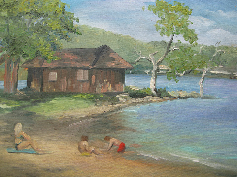 Plein Air oil painting of a cottage by the lake, Lake of the Ozarks State Park, Missouri.