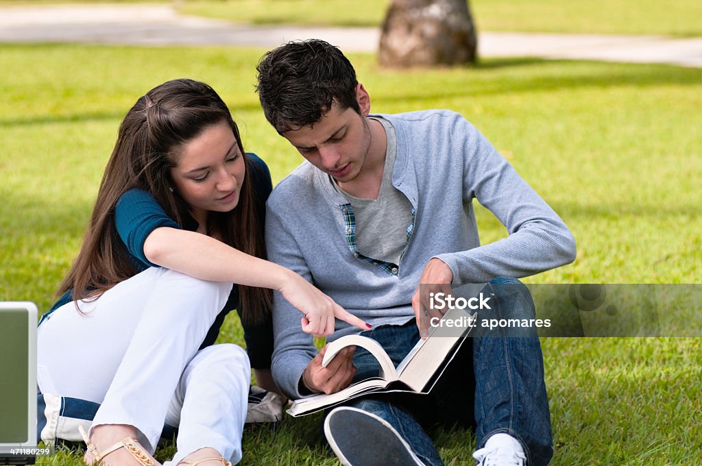 Studying at the Campus Students couple on the campus grass with laptops, reading a book during an explanation.-  18-19 Years Stock Photo