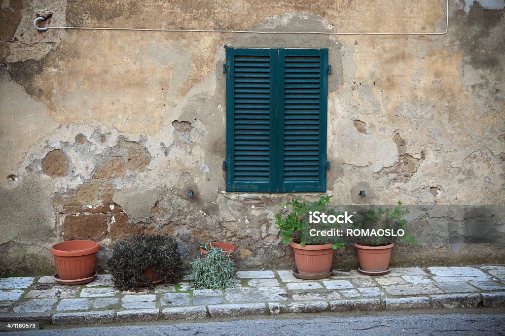 Persiane chiuse e piante in vaso in Toscana - Foto stock royalty-free di Caratteristica architettonica