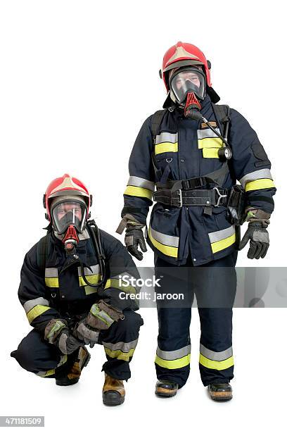 Two Firemen Stock Photo - Download Image Now - Firefighter, White Background, Full Length