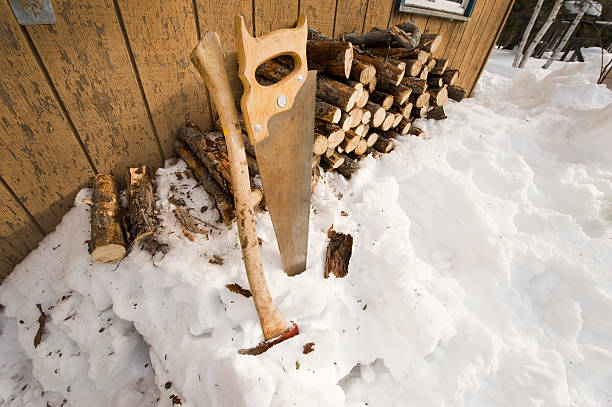 An axe stuck in a log with a pile of firewood behind