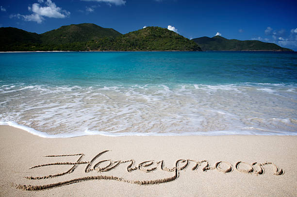 istock Honeymoon Message Handwritten on Tropical Caribbean Beach 471183011