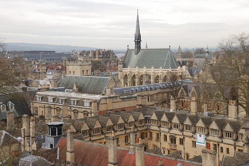 Aerial view of Oxford cityscape at day, UK.