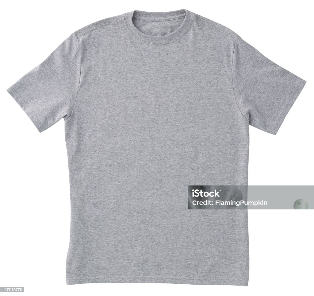 Camiseta gris frontal en blanco con trazado de recorte. - Foto de stock de Gris libre de derechos