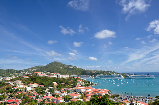 The port of St. Thomas, US Virgin Islands. Three unidentifiable cruise ships in the background. Adobe RGB color profile.