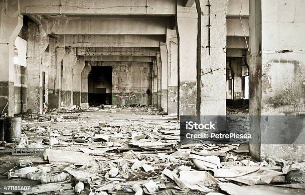 Destroyed Interior Of An Industrial Building Stock Photo - Download Image Now - Abandoned, Architectural Column, Architecture