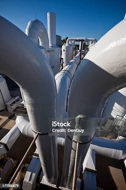 Water Purification Plant Late Day Long Shadows Numerous Transfer Pipes Stock Photo - Download Image Now