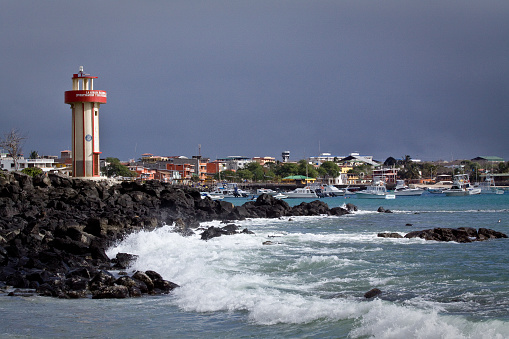 Beautiful coastland landscape of lighthouse in Mann Beach, San Cristobal, Galapagos Islands, Ecuador