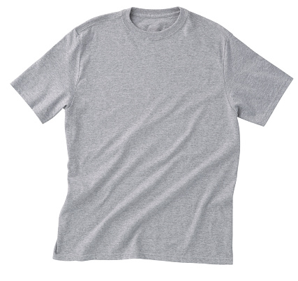 Front of a clean Gray T-Shirt, wrinkled on the bottom for additional texture, waiting for you to add your own Logo, Graphics or Words. Clipping Path. Single shirt - about 10