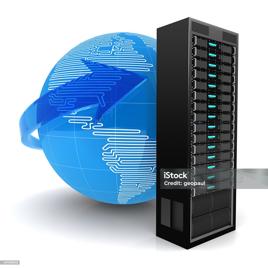 Global hosting Rack server and "wired" globe with 3d arrow. Arrow Symbol Stock Photo