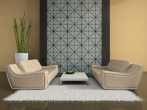 Modern interior with two sofas 3D rendering