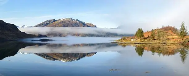 Sgurr Mhic Bharraich and Scottish mist reflected in the still waters of Loch Duich at dawn, near the Kyle of Lochalsh.