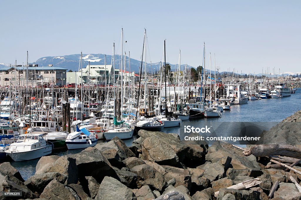 Harbour Marina Campbell River Vancouver Island Campbell River is the Salmon Fishing Capital of the world. North of Nanaimo and Courtney. Big time Tourist destination for fishing and eco wildlife tours. Boulder - Rock Stock Photo