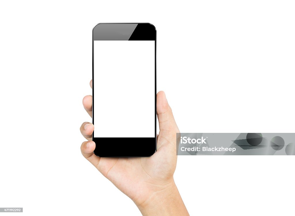 closeup hand hold smartphone mobile isolated on white Human Hand Stock Photo