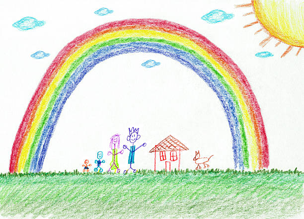 illustrazioni stock, clip art, cartoni animati e icone di tendenza di famiglia felice che vivono sotto un disegno di colore arcobaleno - drawing child childs drawing family