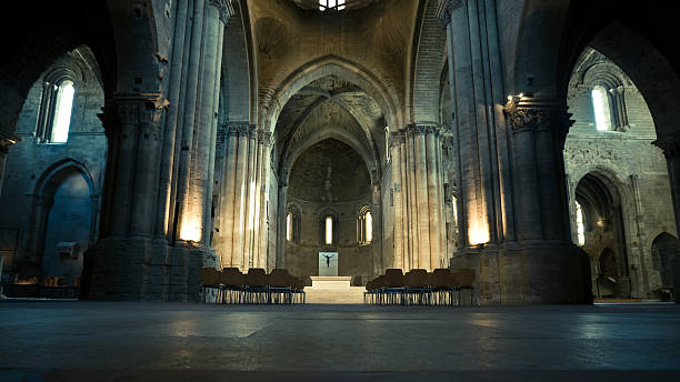 The Cathedral La Seu Vella La Seu Vella Cathedral Interior. The Cathedral of La Seu Vella of Lleida is the oldest cathedral in Lleida (Construction started in the year 1203) , Catalonia, and it is ithe most outstanding monument in the city of Lleida - Lerida, Spain. Cross Processed, 16:9 Panoramic. romanesque stock pictures, royalty-free photos & images