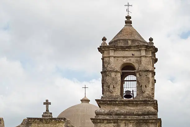 Bell Tower and dome on historic Mission San Jose, the queen of the missions  in San Antonio, Texas. 