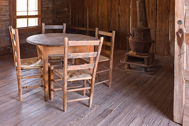 istock Old Table, Chairs, and stove at Judge Roy Beans Saloon. 471195883