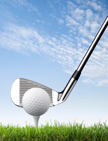 Golf ball with putter on green course at hole - 3D illustration