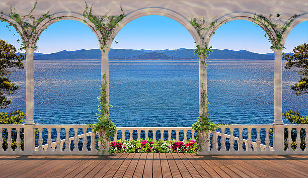 istock Terrace with balustrade overlooking the sea and mountains 471198132