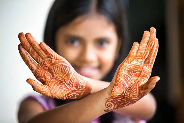 Little Girl shows off her henna tattoo also called Mehendi The Indian brides get henna paste designs or patterns on their hands as decoration and a beauty feature along with the other adornments. The image shows a little girl stretching her palms out to show off her the beautiful henna tattoo. The hands are in sharp focus, and the face is blurred.