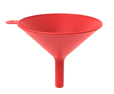 Red plastic funnel on a white background.