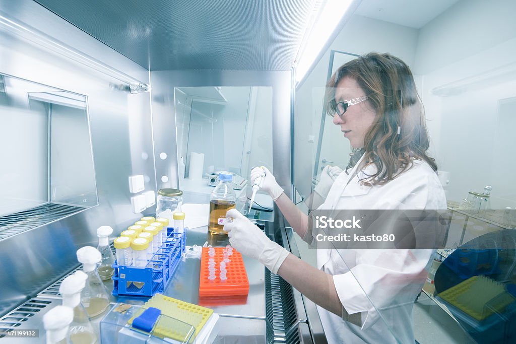 Life scientist researching in the laboratory. Female life scientist researching in laboratory, pipetting cell culture medium samples in laminar flow. Photo taken from laminar interior. 2015 Stock Photo