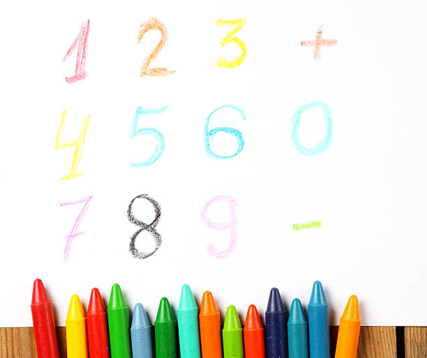 istock Crayons lying on a paper with painted digit, number, sign 471200342