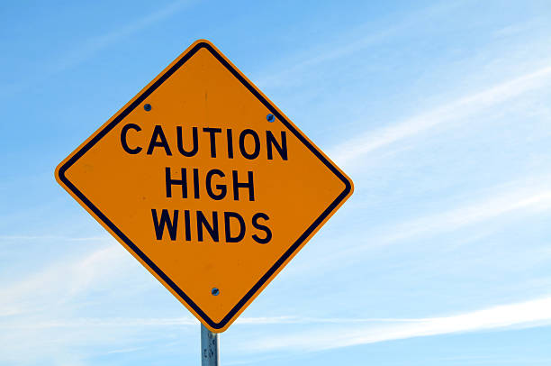Caution High Winds Low-angle closeup of "Caution High Winds" traffic sign with strong winds visible in the cloud formations behind road warning sign photos stock pictures, royalty-free photos & images