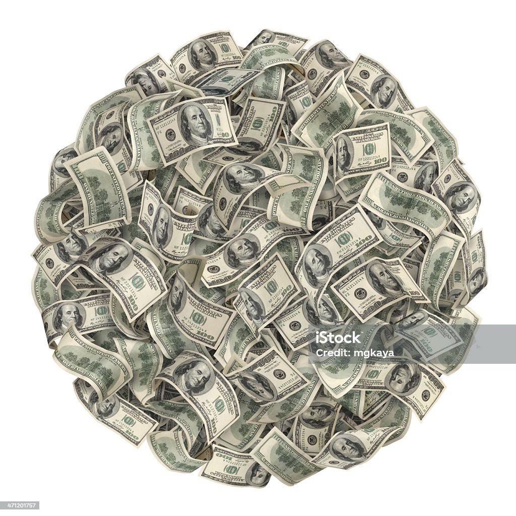 A circular pile of American hundred dollar bills Money globe made from one hundred-dollar bills. Isolated on white background. Currency Stock Photo