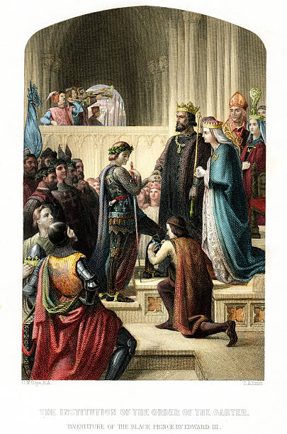 Investiture of the Black Prince by Edward III Vintage engraving showing institution of the Order of the Garter.  Engraving from 1857, Photo and colour by D Walker.  King Edward III founded the Order of the Garter as "a society, fellowship and college of knights" in 1348. vintage garter belt stock illustrations