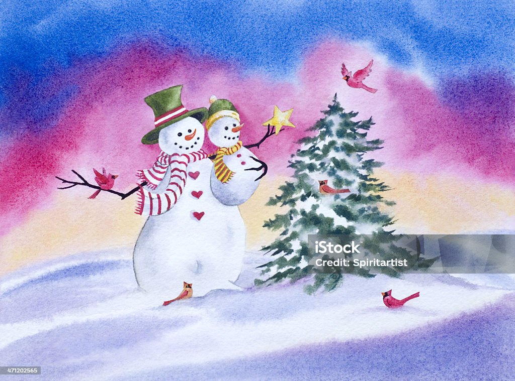 Du bonhomme de neige passer une étoile sur l'arbre - Illustration de Sapin de Noël libre de droits