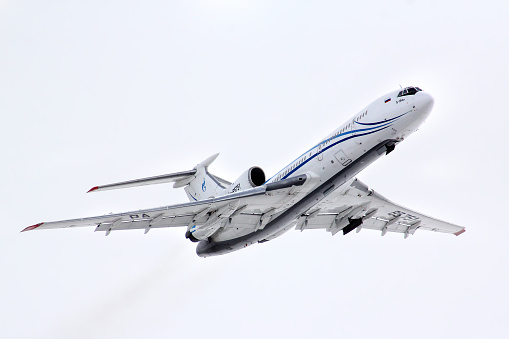 Novyy Urengoy, Russia - May 9, 2014: Gazprom Avia Tupolev Tu-154M takes off the Novyy Urengoy International Airport.