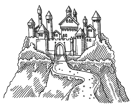 Hand-drawn vector drawing of a Fairy Tale Castle on a Rock. Black-and-White sketch on a transparent background (.eps-file). Included files are EPS (v10) and Hi-Res JPG.