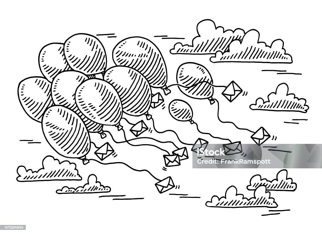 Flying Balloons With Letters Drawing Hand-drawn vector drawing of Flying Balloons With Letters, a popular Wedding Tradition. Black-and-White sketch on a transparent background (.eps-file). Included files are EPS (v10) and Hi-Res JPG. Wedding stock vector