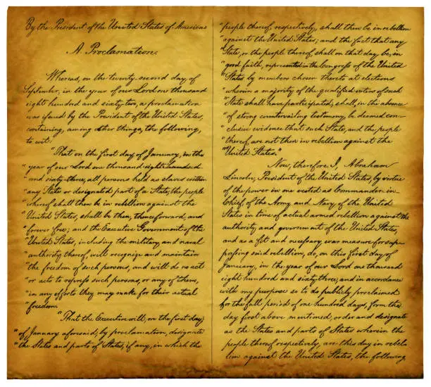 A parchment replica of page one of the Emancipation Proclamation which President Abraham Lincoln issued on January 1, 1863. The proclamation freed slaves that were held in states that seceded from the Union.